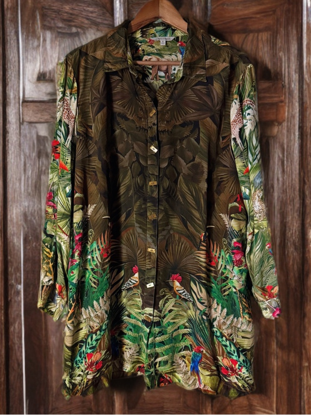 John Mark Tropical Jungle Bird Tunic Blouse Green 3/4 Sleeve Parrots